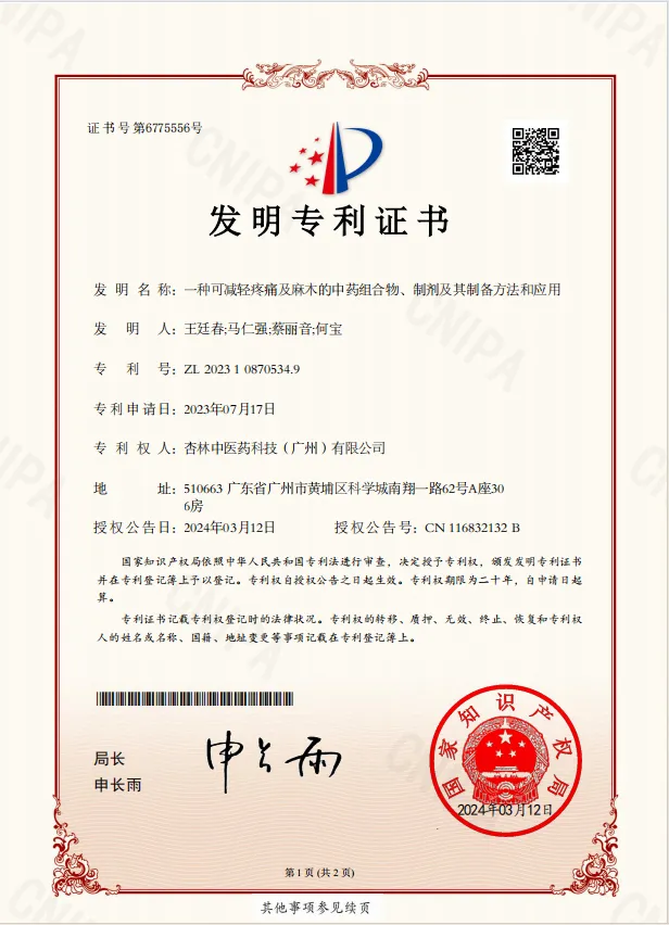一种可减轻疼痛及麻木的中药组合物、造剂及其造备步骤和利用